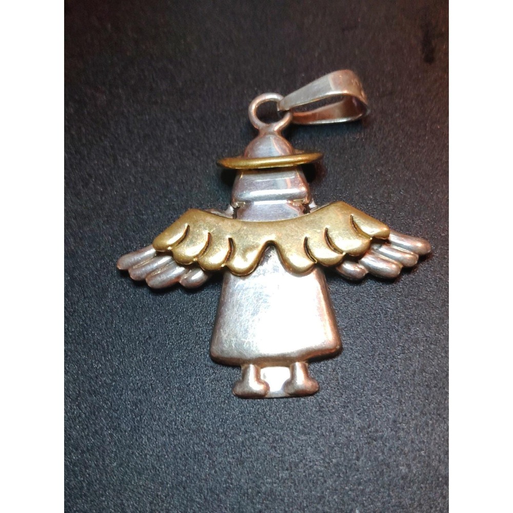 VTG 925 Mexico Sterling Silver Brass Halo Wings Angel Pendant